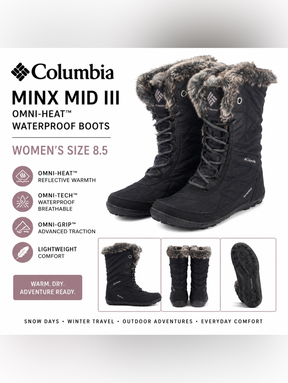 Columbia Minx Mid III Omni-Heat Waterproof Snow Boots Black Faux Fur Women’s 8.5